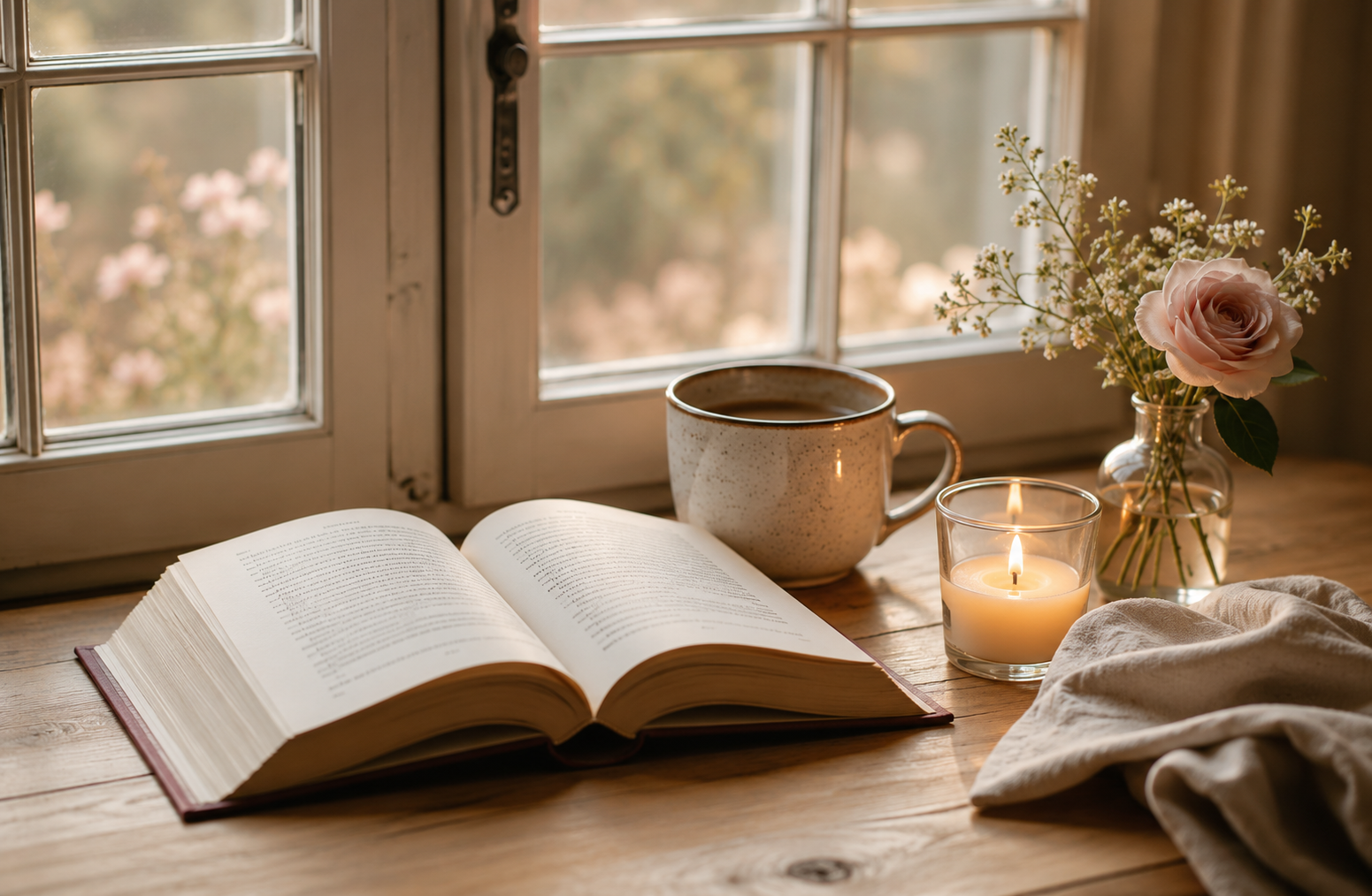 Livros abertos sobre mesa de madeira, vela acesa e rosas delicadas iluminadas pela luz natural da janela