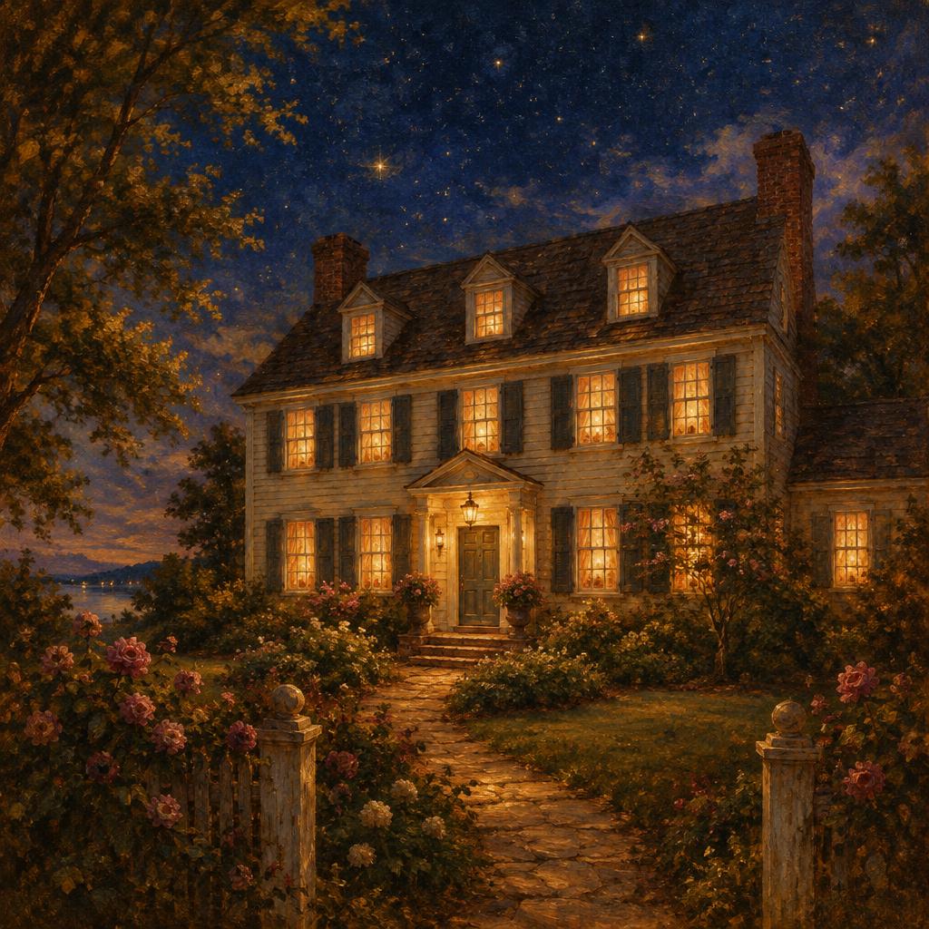 Casa iluminada ao entardecer