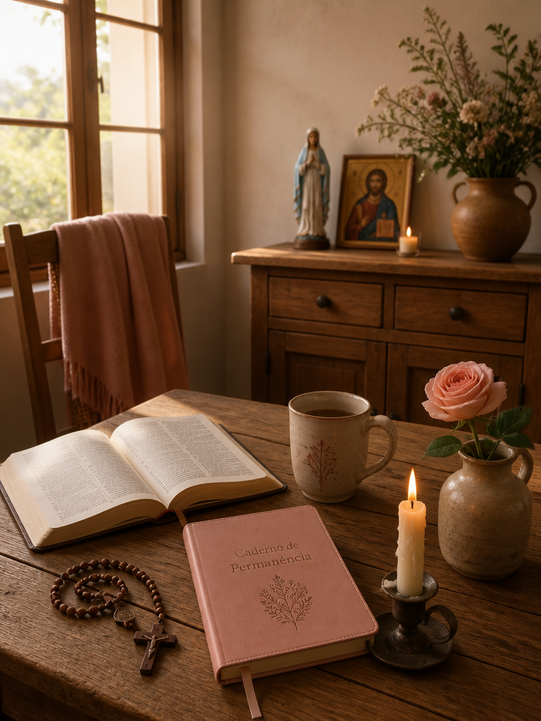 Mesa de madeira com caneca artesanal, Bíblia aberta, Caderno de Permanência rosé, rosário de madeira, vela acesa e rosa rosé. Ao fundo, aparador com imagem de Nossa Senhora, ícone de Cristo e flores naturais junto à janela banhada por luz dourada da manhã