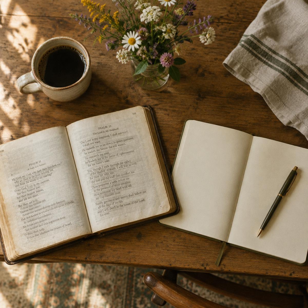 Mesa com café, Bíblia, flores e caderno