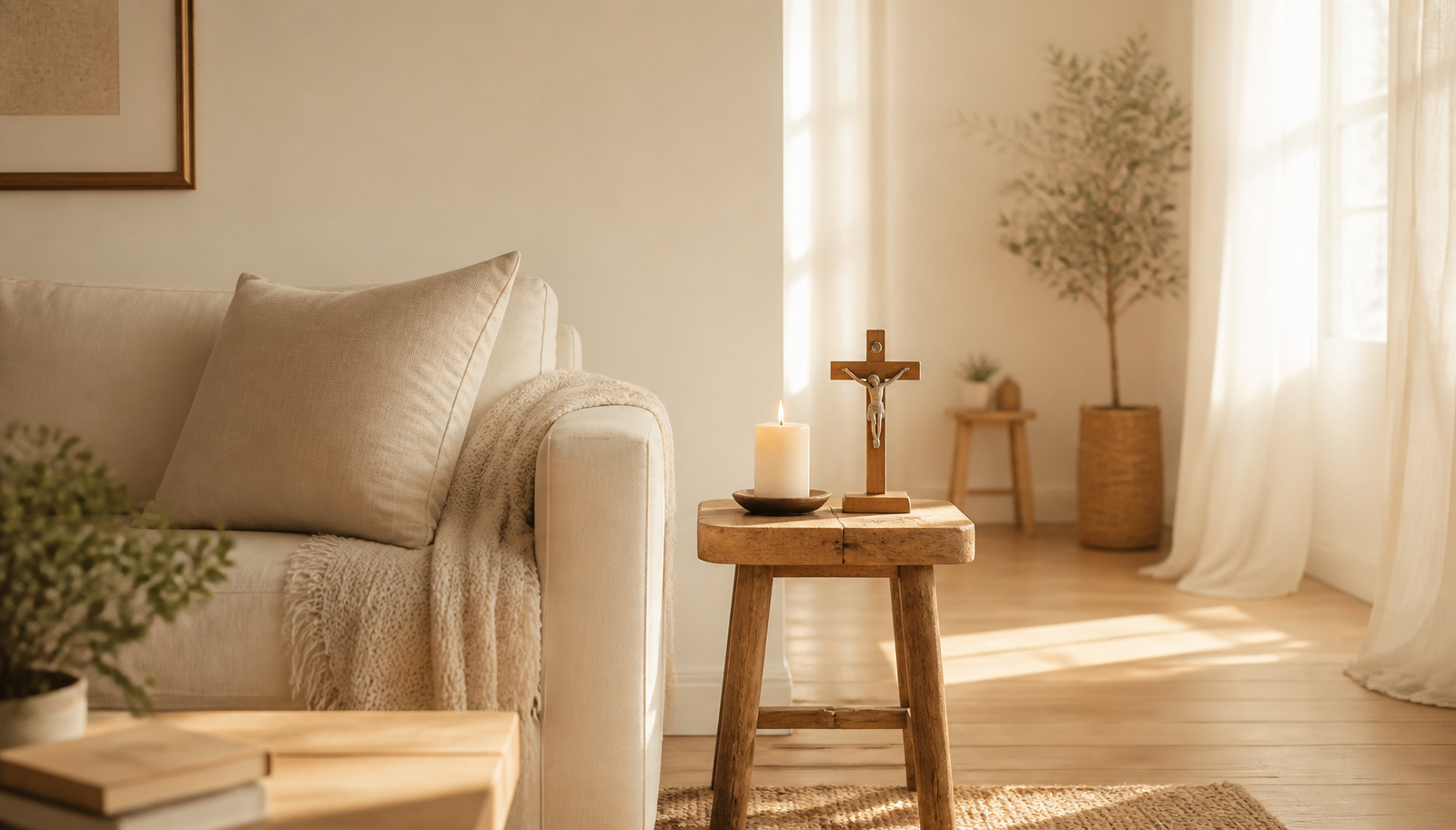 Sala de estar acolhedora com sofá de linho, mesa de madeira com vela acesa e crucifixo, banhada pela luz dourada da manhã entrando pela janela